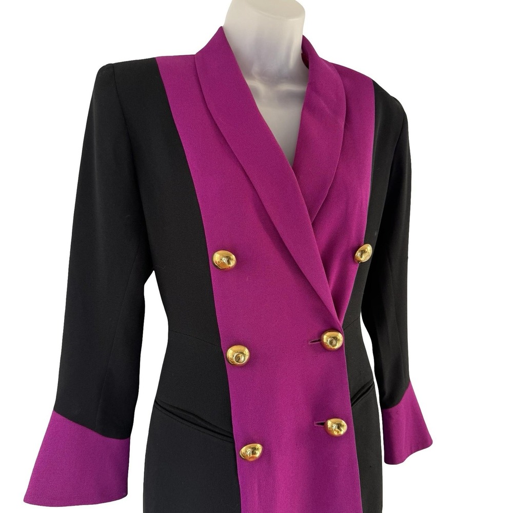 Vintage Tahari Petite Dress Womens 2 Black Purple Colorblock Double Breasted 90s